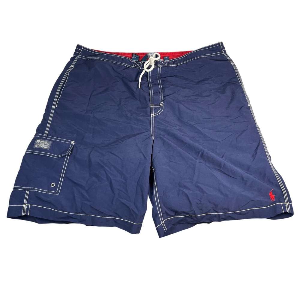 Polo Ralph Lauren Swim Trunks Men XL Navy Blue Contrast Stitch Cargo Pocket VTG